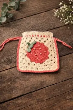ハンドメイド いちごのかぎ編み巾着ポーチ グラニースクエア 小物入れ 韓国風