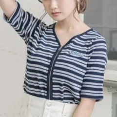 ems excite ショート丈　ボーダーZIPカットソー　ブルーのサムネイル
