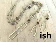 【A194】ishボツワナアゲート・パール付チャームネックレス＆ピアス