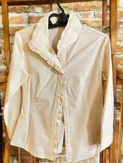 anySISストライプ フリル付き長袖シャツ ブラウス ピンク M