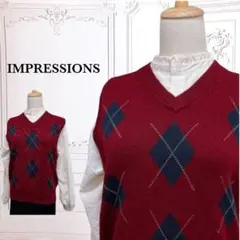 『IMPRESSIONS』ベスト【Ｍ】レッド アーガイル ウール ニット 日本製