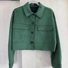 ZARA フェイクスエード クロップドジャケット グリーン