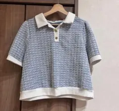 SHEIN ツイード風 襟付きニットトップス 半袖ポロシャツ　ブルー ホワイトのサムネイル