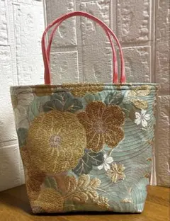 帯リメイクトートバッグ　辻が花　 唐織　薄緑 正絹 ハンドメイド