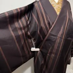 着物　袷　茶　縞　ストライプ　正絹　パールトーン加工