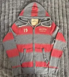 HOLLISTER グレー/赤 ストライプ パーカー L