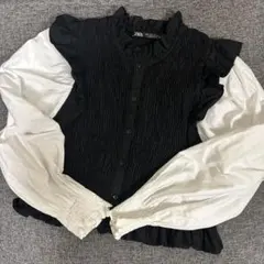 ZARA フリル付きシャーリング黒長袖シャツEUR USA Lサイズ