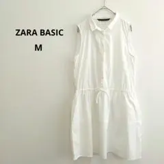 【ザラベーシック 】シャツワンピース ノースリーブ ホワイト M 爽やか リボン