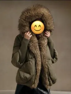 【極暖】ファー付き ボリュームダウンジャケット L カーキ モッズ風