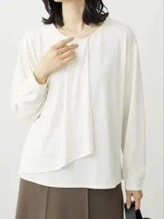 襟タック長袖ブラウソー ブラウス カットソー 白 アイボリー