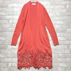 セシルマクビー ロングカーディガン M オレンジピンク 花刺繍 鮮やか 差し色