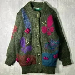 モヘアタッチ ニット カーディガン 立体装飾 蝶々 ジャガード 緑 レトロ