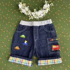 極美品 ミキハウス プッチーくん やわらかハーフパンツ チェック 車 90cm