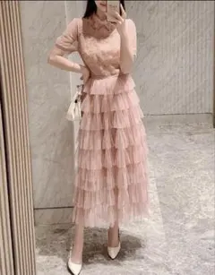 ティアードチュールドレス ピンク 半袖