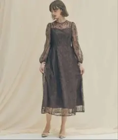 AIMER ダークブラウン レース長袖ドレス Mサイズ　お呼ばれドレス