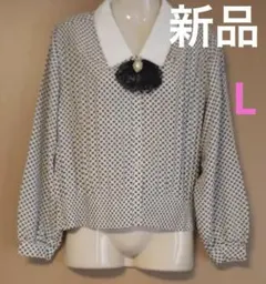 【新品】Rouet昭和レトロシャツ　ブローチ付き　 黒×白　リボン　清楚　上品