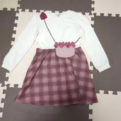 エニィファム　ポシェットポケット　ワンピース　ピンク　チェック　140cm