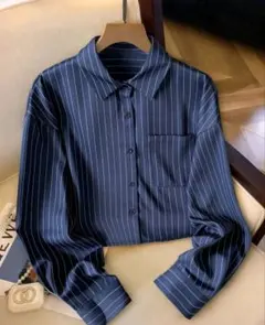 SHEIN∞ストライプ長袖シャツ/ショート丈/ネイビー^^カーデ代わりに♪