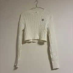 ホワイト クロップドニット 長袖 ケーブル編み