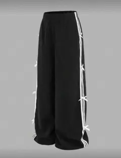 ブラック ワイドパンツ 白いストライプ