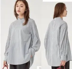 green label relaxing フリルネック ブラウス ストライプ