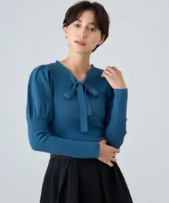 アナイ　ブルー ボウタイ付き リブニット 長袖