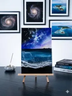 星空とNYの夜景の風景画 原画 27.3×22cmキャンバス 絵画 現代アート