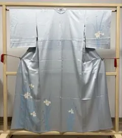 A 単衣 やまと誂製 作家物 ポピーの花 薄青色 紬 正絹 付下げ 着物 52