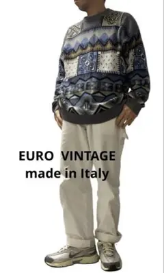 ユーロヴィンテージ　イタリア製　コットンアクリルセーター　総柄　メンズL 美品