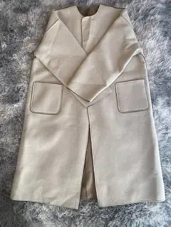 ノーカラー ロングコート ベージュ パッチポケット リバーシブル