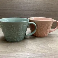 美濃焼 スープカップ 可愛いぶどう柄 2個セット ピンク グリーンのサムネイル