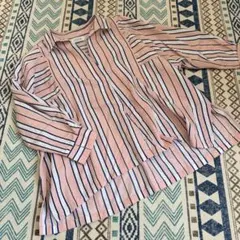 ローリーズファーム　ストライプ柄 Vネック 七分袖シャツ ピンク 白 ネイビー