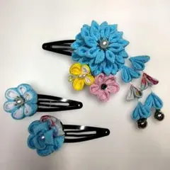 水色のお花のパッチンピンセット　つまみ細工