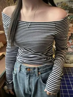 shein ストライプ ボーダー オフショルトップス