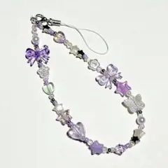 ビーズストラップ　リボン　パープル