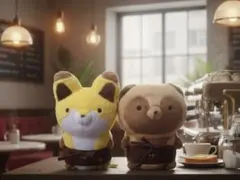 タヌキとキツネ ぬいぐるみ Sサイズ タヌキヤマカフェ限定エプロン付きのサムネイル