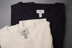 未使用　H&Mレギュラーフィット ワッフルTシャツL　クリーム＆ネイビーブルー