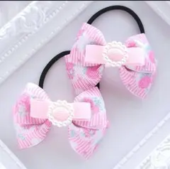 (222) ゆめかわ お花 ヘアゴム♡ ハンドメイド リボン ピーチ ピンク