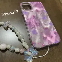 shein 蝶模様のピンクiPhone12ケースとビーズストラップ