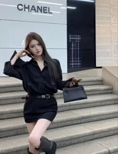 韓国 服 レディース ワンピース 黒 ミニワンピース シャツ 長袖 黒 人気