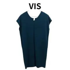 VIS ダークグリーン Vネック 半袖 膝丈ワンピース 体型カバー 夏服