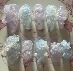 3Dネイルチップ ゆめかわ ブルー パープル ローズ リボン Sサイズ