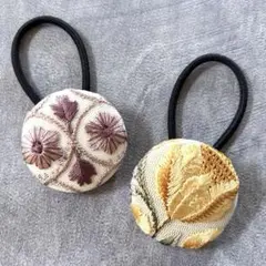 【62】 インド刺繍 くるみボタン ヘアゴム 2個セット パープル イエロー