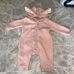 ウサギ耳付きピンクロンパース　裏起毛60〜70