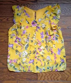 イエローフラワープリントノースリーブシャツ M