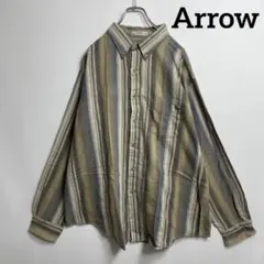 Arrow フランネル ストライプシャツ アメカジ 大きめ ベージュ×緑 2XLのサムネイル