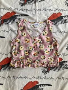 vintage 花柄 フリル ビスチェ ベスト 赤チェック 古着 ヴィンテージ