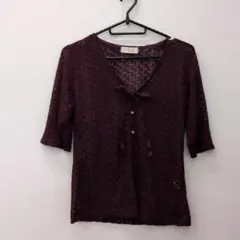 バーガンディ レース編み 五分袖 トップス