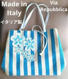 イタリア製 Via Repubblica 花柄バッグ　ブルーストライプのサムネイル