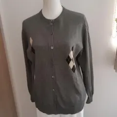【美品】パールズカシミヤ グレー ダイヤモンド模様 ニットカーディガンＸＬ